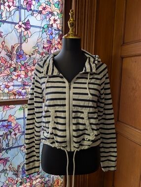 American Eagle Outfitters Striped Zip-Up Hoodie - Navy and White